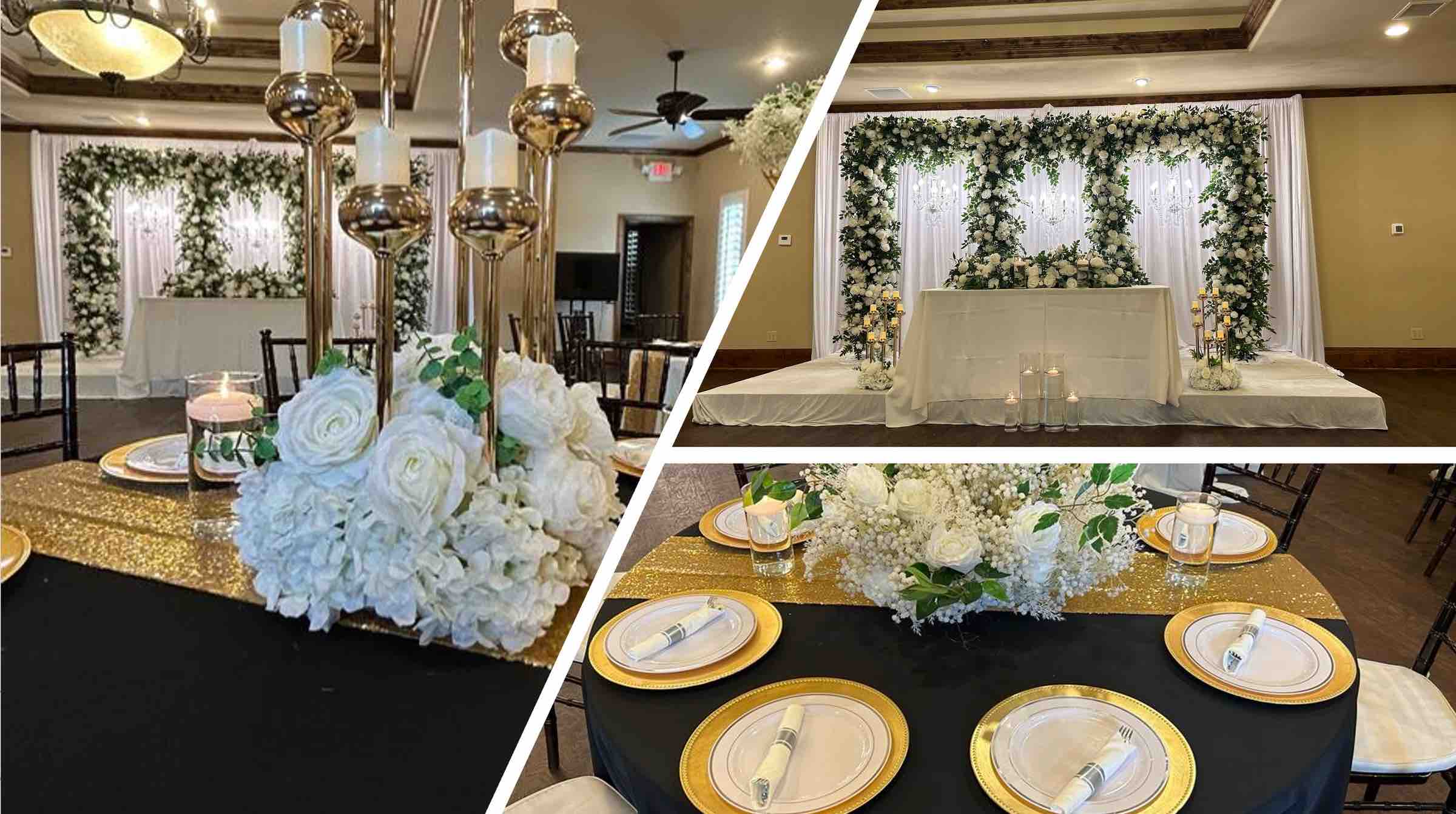 A snapshot of a classic all-white wedding dinner table and stage decor, beautifully adorned with white florals and a touch of lush greenery, creating an atmosphere of timeless sophistication and romance.