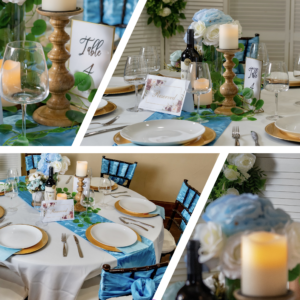 Blue & White Floral Table Decor Collage